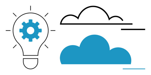 Innovation, creativity, technology, brainstorming, cloud computing, digital solutions. Light bulb with gear and clouds in minimal style. Innovation and creativity concept © robu_s