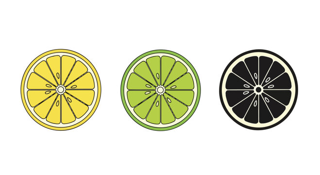 Three colorful citrus fruit slices including yellow lemon, green lime, and black lemon on a white background