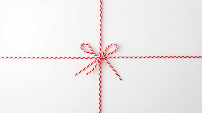 white background. At the center, a red and white striped string is tied into a neat bow. The string extends horizontally and vertically across the image, creating a cross pattern. The bow is symmetric
