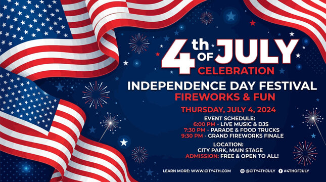 4th of july celebration poster with american flags and fireworks on blue background