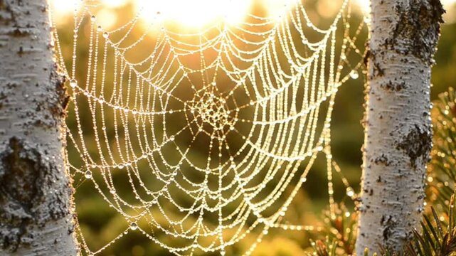 Dew Drops on Spider Web Between Trees, Morning Sunlight