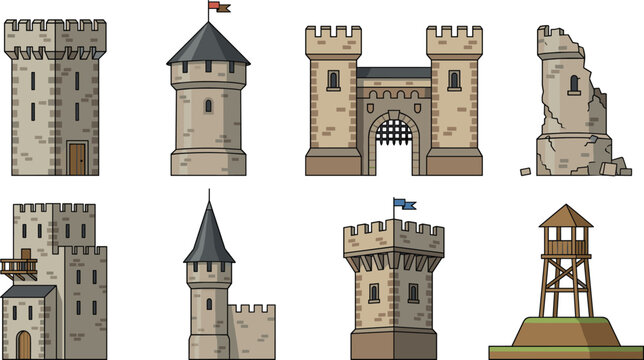 Medieval Castle Tower Icon Set with Ancient Stone Fortresses Gates Ruined Citadels and Wooden Watchtowers for Fantasy Game Asset Designs
