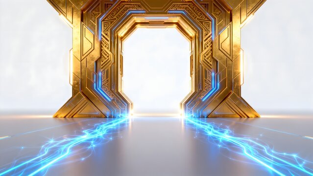 Golden futuristic portal with blue energy