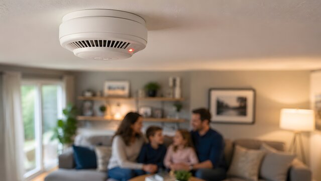 Smoke detector installed on home ceiling above family in living room for fire safety alarm system residential protection emergency prevention and smart home security awareness concept