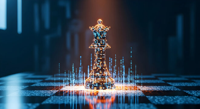 Digital chess queen piece on a glowing circuit board chessboard representing strategic thinking and artificial intelligence