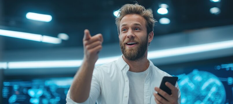 White male tech explainer channel host surprised while pointing to invisible phone