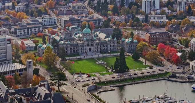 Aerial view of BC Legislative Parliament Building near harbor in Victoria, British Columbia, Canada