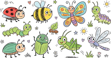 Cute Cartoon Insect and Bug Character Set with Friendly Ladybug Bee Butterfly Caterpillar Grasshopper and Dragonfly for Kids Graphic Designs © Najir