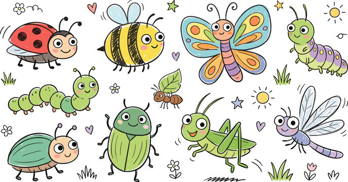 Cute Cartoon Insect and Bug Character Set with Friendly Ladybug Bee Butterfly Caterpillar Grasshopper and Dragonfly for Kids Graphic Designs