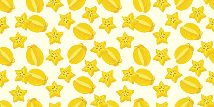 Bright yellow carambola seamless pattern. Illustration of exotic starfruit sliced and whole with seeds. Colorful food background for textile, fabric, wallpaper and wrapping paper.