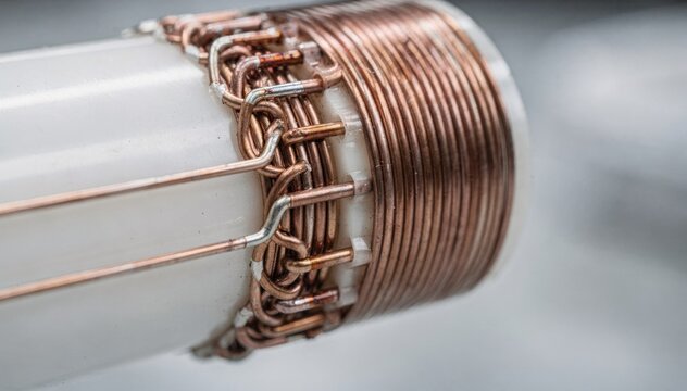 Detailed frame of bifilar coil winding with two parallel resistance wires simultaneously wrapped on a ceramic core illustrating advanced techniques in enhanced electromagnetic