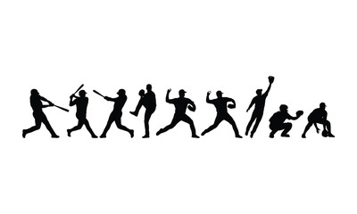Baseball player silhouette set various actions black on white background © SHAHUDUL