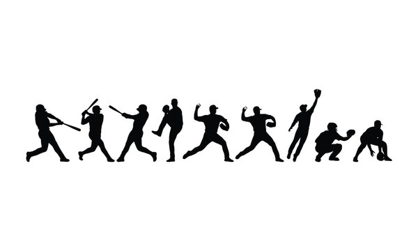Baseball player silhouette set various actions black on white background