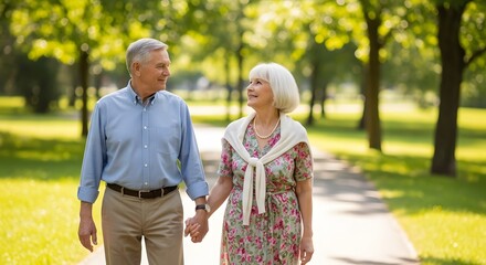 Naklejka premium Happy Senior Couple Holding Hands and Walking Joyfully in a Sunny Green Park.