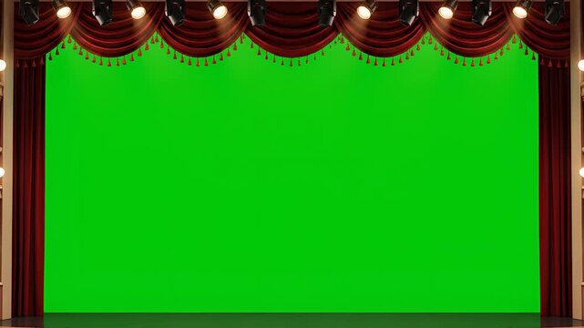 Elegant Red Velvet Stage Curtains with Green Screen Backdrop and Spotlights.