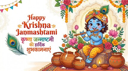 Naklejka premium Creative paper style on white indian traditional background design for celebration of janmashtami festival of india. Lord krishna playing flute. Translation in english Jai shri krishna.