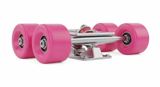 Pink skateboard wheels on metal trucks.