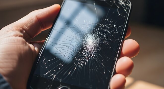 Close-up of Hand Holding a Smartphone with a Severely Cracked and Broken Screen.