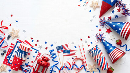 Obraz premium Independence Day decorations including miniature flags, party hats, and patterned napkins are organized in a circular frame on a plain surface to highlight the aesthetic of a classic American holiday.