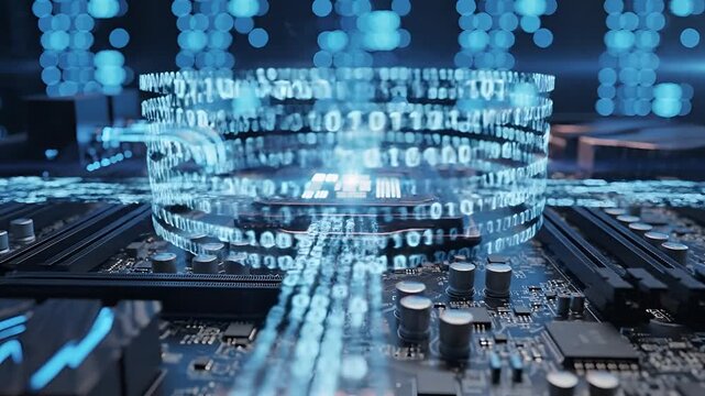Futuristic Digital Circuit Board with Glowing Binary Code Data Flow.