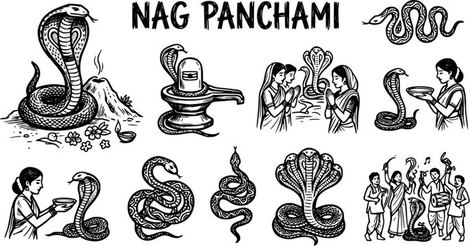 Nag Panchami Hindu Festival Snake Worship Collection - Black  White Hand-drawn Line Art Vector Set
