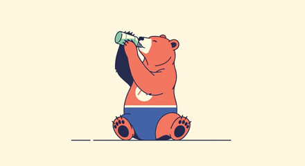 Cartoon Bear Character Wearing Clothes Drinking from Glass © A.CHOMSIN