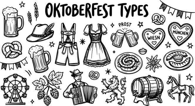 Oktoberfest Icons in Black  White Line Art - German Beer, Food, Traditional Clothing  Symbols