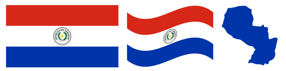 Obraz premium Paraguay Flag and Map Kit. National Flag with National Coat of Arms, Waving Flag Element, and Geographic Country Outline Map in Red, White, and Blue Colors Isolated on White Background