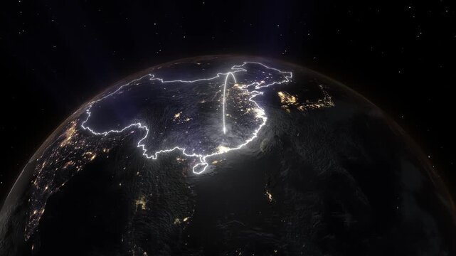 Realistic 3D Earth Night Flight Path Arc from Beijing China to Hong Kong China