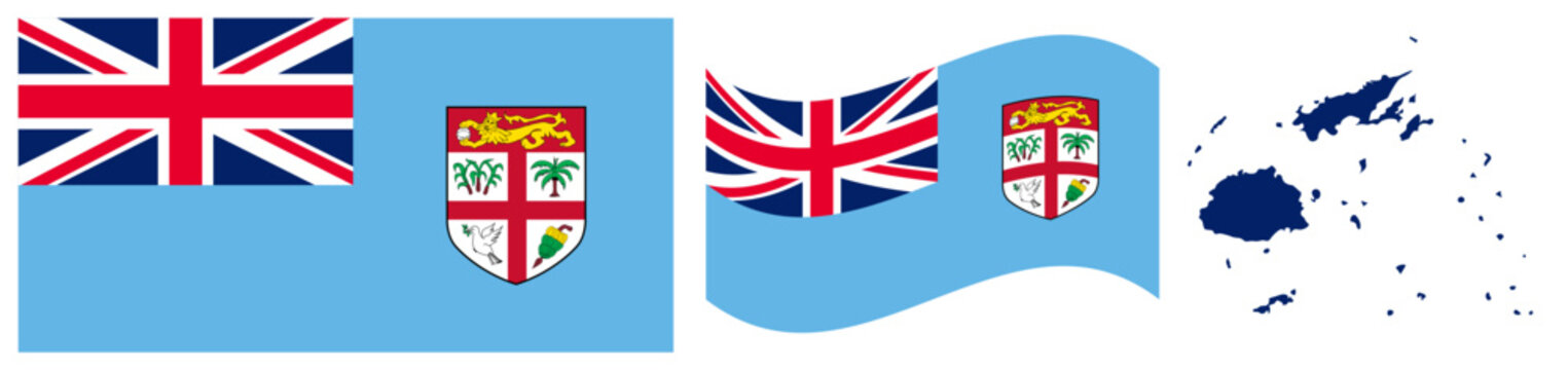 Fiji Flag and Map Kit. National Flag, Waving Flag Element, and Geographic Islands Outline Map with Coat of Arms, Union Jack, and Light Blue Background Isolated on White