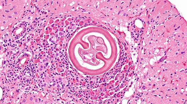 Baylisascaris Procyonis Larva Brain Section H&E Raccoon. Baylisascaris procyonis larva in H&E stained human brain tissue section from neural larva migrans fatal encephalitis.
