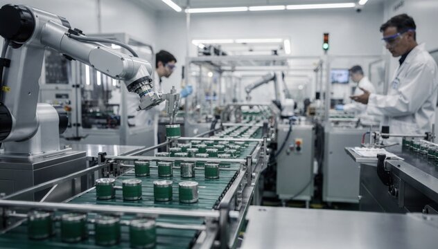 Medium shot highlighting the production of highfrequency capacitors with biobased dielectrics capturing advanced machinery and sustainable innovation in electronics.