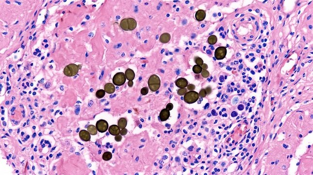 Rhinocladiella Mackenziei Black Yeast Brain Abscess H&E. Rhinocladiella mackenziei dematiaceous yeast cells in H&E stained brain abscess biopsy from cerebral phaeohyphomycosis.