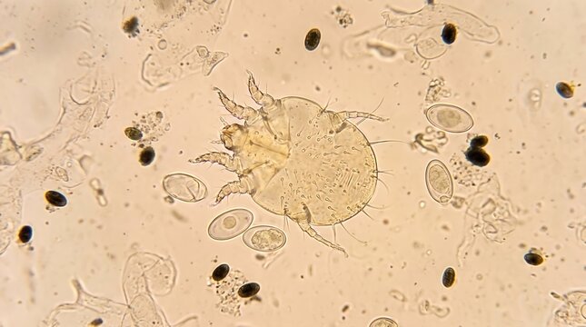 Sarcoptes Scabiei Mite Burrow Skin Scraping KOH Microscopy. Sarcoptes scabiei adult mite with rounded body and short stubby legs in KOH cleared skin scraping from scabies infestation.