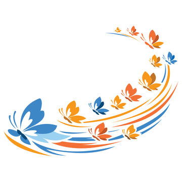 Dynamic butterfly vector in blue and orange shades, arranged in a sweeping curved pattern to symbolize flight, transformation, and freedom.