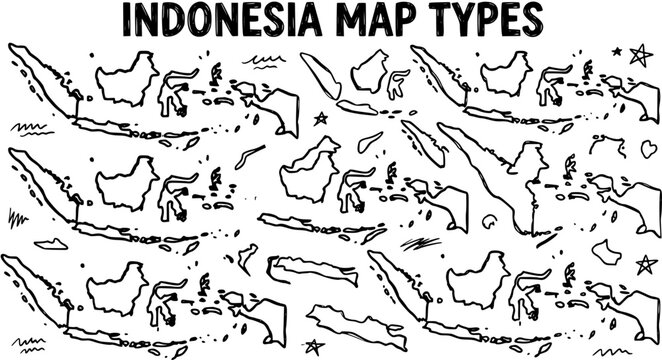 Black and White Line Art Doodle Illustration of Indonesia Map Outlines, showing the archipelago's diverse island shapes, perfect for geography and travel content.