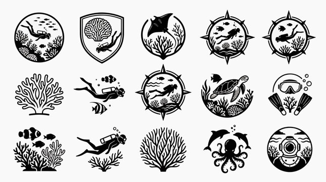 Set of Monochrome Scuba Diving and Marine Life Vector Icons Featuring Underwater Adventure Themes and Tropical Sea Creatures