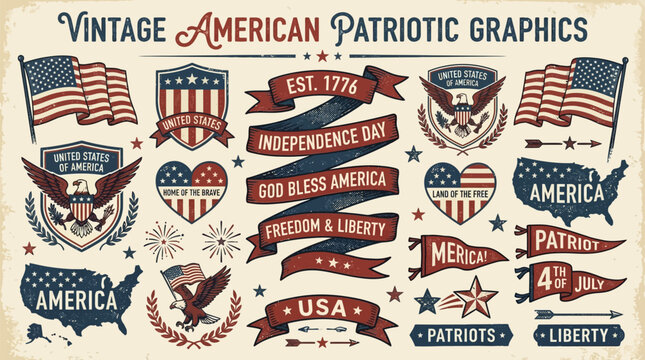 Vintage american patriotic graphics collection for independence day and usa celebrations