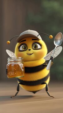 A cute and kind cartoon bee with a jar of honey