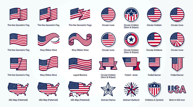 American flag icons and emblems in various styles and formats for patriotic use