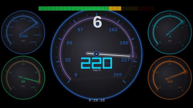 Rally car five gauge dashboard speedometer blue animated alpha overlay