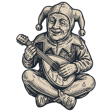 Vector illustration of a smiling medieval jester in a traditional hat with bells sitting and playing a lute in a vintage engraving style.