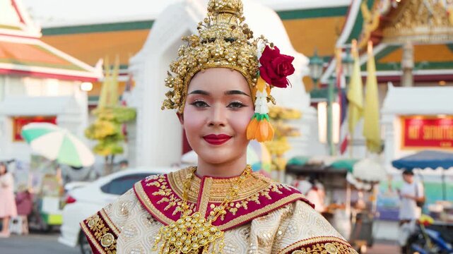 Thai Khon Dancer in Traditional Costume at Wat Suthat Temple Bangkok