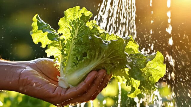 Fresh green lettuce being washed under running water, highlighting healthy eating and organic produce.