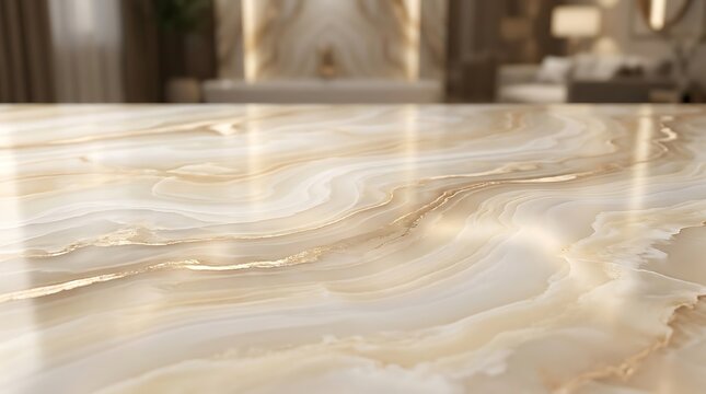 Polished beige and white onyx surface with gold veins