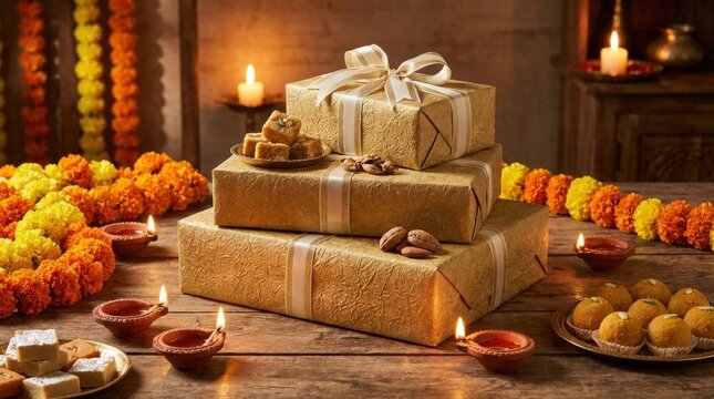 Diwali Celebration Hamper: A beautifully arranged Diwali hamper overflowing with festive gifts, sweets, and diyas, creating an ambiance of warmth and tradition.