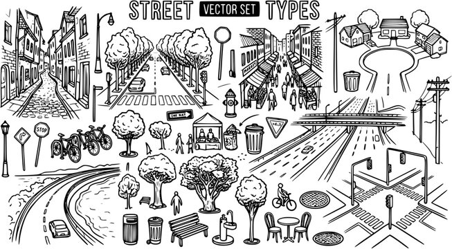 Hand Drawn Black  White Line Art Street Types Vector Set - Urban City Life  Transportation Elements Collection for Infrastructure Design