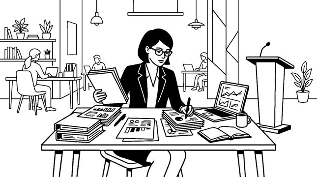Professional woman managing heavy workload in busy office