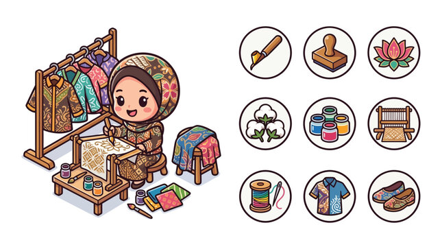 Vector illustration of a cute chibi girl in a hijab creating traditional batik art using a canting tool on a frame, featuring finished shirts and a set of nine textile icons.