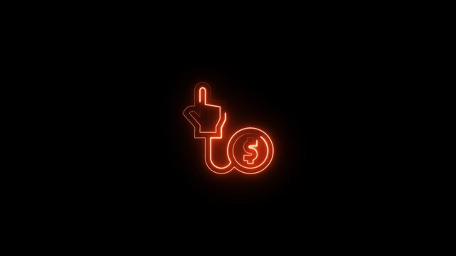 Neon glowing icon of a hand clicking on a dollar coin symbol, representing payperclick advertising, digital marketing, and online financial transactions